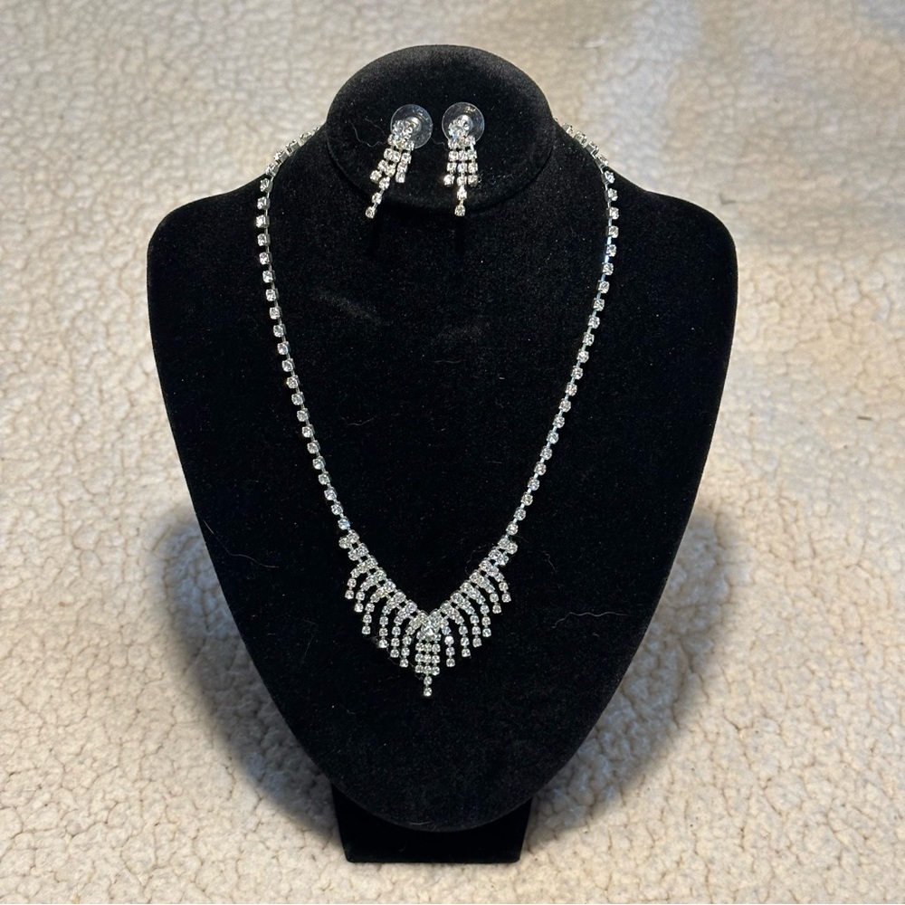 Vintage Rhinestone Evening Necklace and Earring Set
